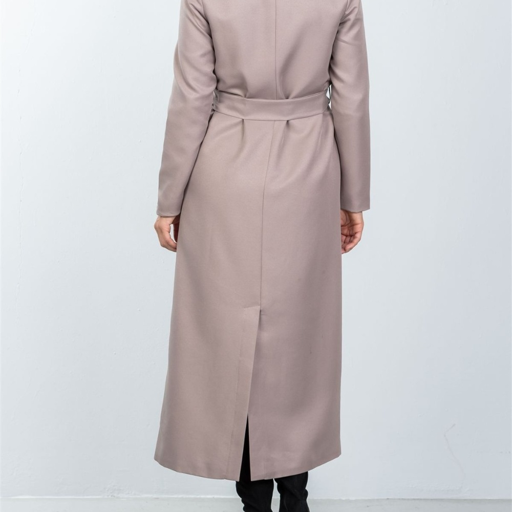 1left🎉🎉🎉Taupe Double Breasted Belted Long Coat - Picture 3 of 5